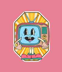 TV set character. Retro cartoon character. TV sticker. Hippie patch badge. Vintage animation art. Groovy doodle. Vintage cartoon. 60s and 70s nostalgia.