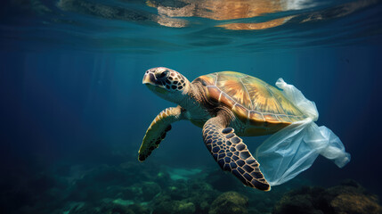 Obraz na płótnie Canvas Turtle under the sea next to a plastic bag