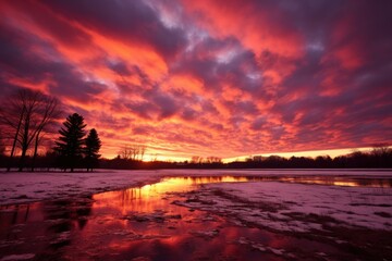 Naklejka premium Winter Sunsets and Sunrises: The low angle of the sun in winter can create stunning color palettes in the sky. - Generative AI