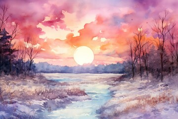 Fototapeta premium Winter Sunsets and Sunrises: The low angle of the sun in winter can create stunning color palettes in the sky. - Generative AI