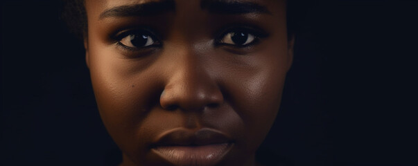 Black woman, eyes and mental health, crying with depression and crisis on dark background, Sad, portrait and anxiety, depressed female person with face on banner and grief in studio - obrazy, fototapety, plakaty