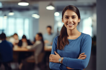 Business woman, designer and portrait of happy employee working, arms crossed and marketing agency, startup and creative company, Smile, happiness and young employee internship at advertising agency - obrazy, fototapety, plakaty