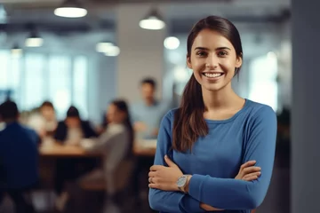 Tuinposter Business woman, designer and portrait of happy employee working, arms crossed and marketing agency, startup and creative company, Smile, happiness and young employee internship at advertising agency © alisaaa