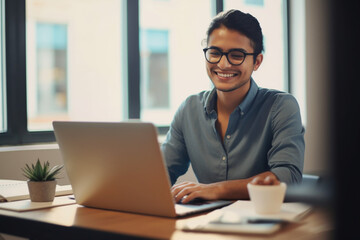 Business woman, smile and working on laptop in office or company looking happy and satisfied, Portrait of Brazilian female worker or employee typing email on computer and planning strategy for vision