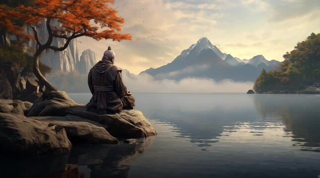 a monk meditations on rock at lake, seamless looping 4K video animation background