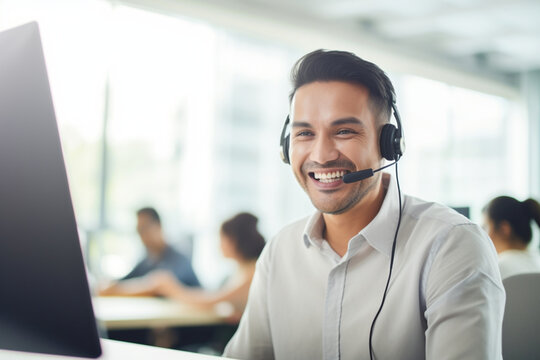 Call center, headset and computer with sales agent and smile while working in customer support, telemarketing or inbound marketing, Trust, support and help with employee in office for crm consulting