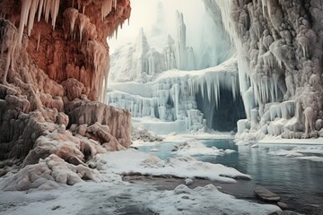 Frozen Waterfalls: Photograph the unique formations of frozen waterfalls in cold regions. - Generative AI