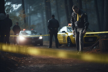 Cinematic Shot of Lieutenant Arriving At a Crime Scene, Crossing the Yellow Tape, Listening to Briefing from First Responder Officer, Detective Checking the Body Bag, Forensics Team Gathering Evidence