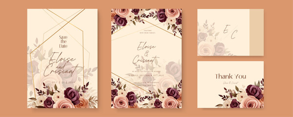 Brown red and beige rose vector elegant watercolor wedding invitation floral design