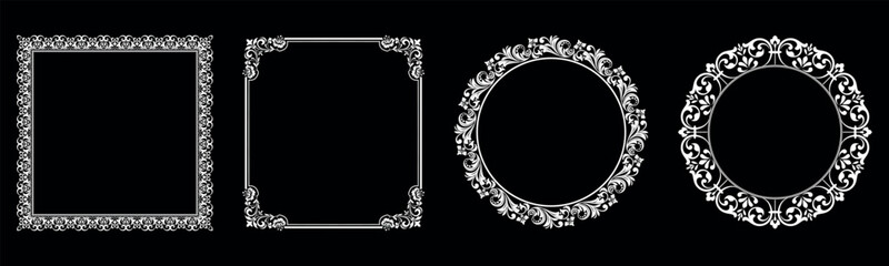 Set of decorative frames Elegant vector element for design in Eastern style, place for text. Floral black and white borders. Lace illustration for invitations and greeting cards.