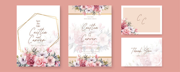 Pink and white rose modern wedding invitation template with floral and flower