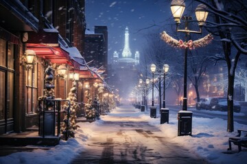 Urban Winter Scenes: Capture cityscapes with snow-covered streets, buildings, and the glow of streetlights. - Generative AI