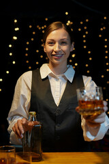 Bartender Serve Whiskey, on wood bar,