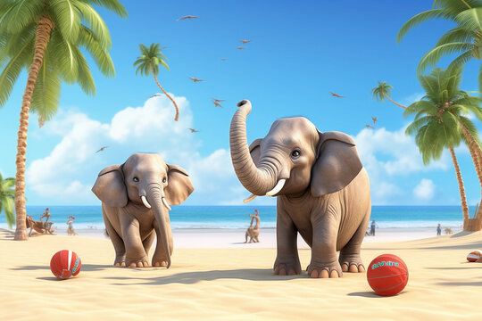 elephants playing volleyball on the beach