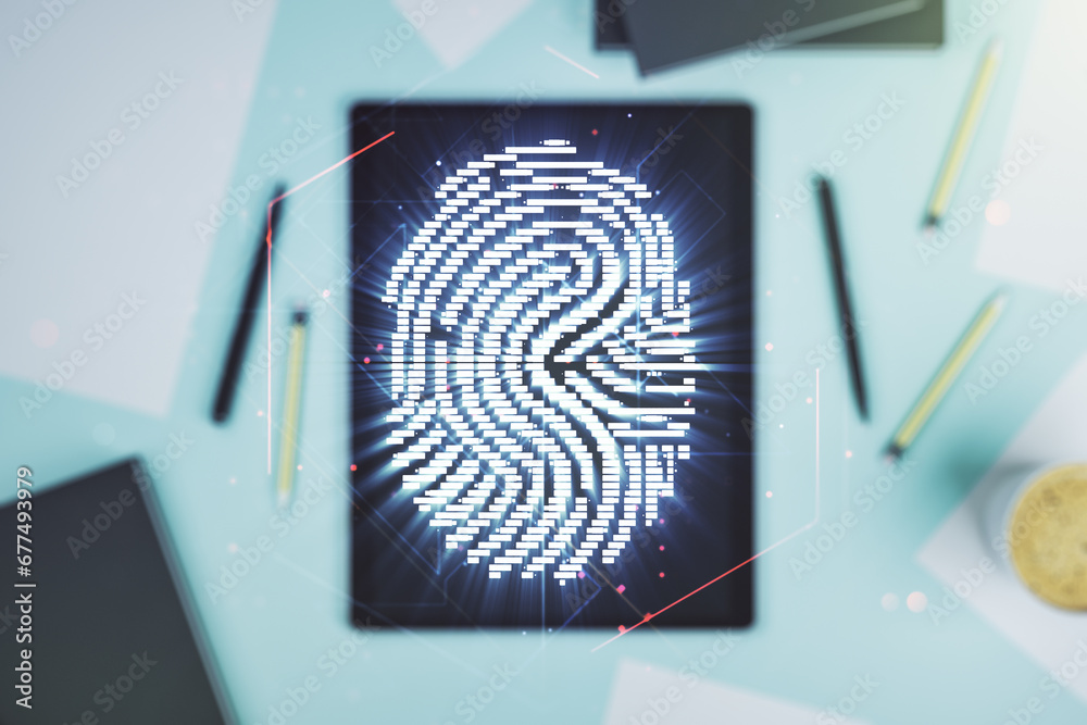 Poster Multi exposure of creative fingerprint hologram and digital tablet on background, top view, personal biometric data concept