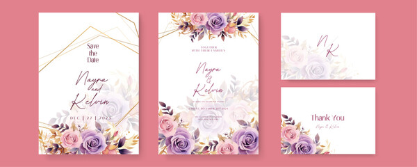 Fototapeta na wymiar Pink and purple violet rose wedding invitation card template with flower and floral watercolor texture vector