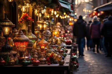 Naklejka premium Holiday Markets: Bustling markets and fairs with festive decorations and people shopping for gifts. - Generative AI