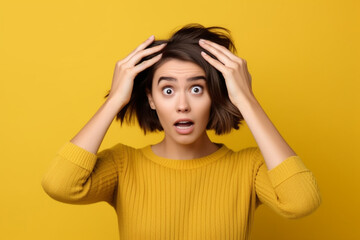 Closeup photo of young funny grimace girl touching head forgot turn off computer home isolated on yelow color background - obrazy, fototapety, plakaty