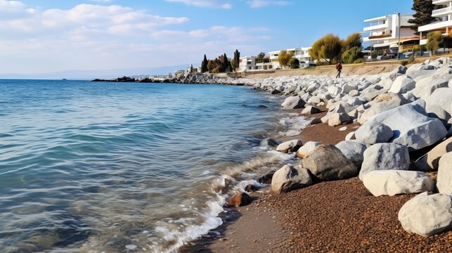 Rocks and Stones on the Beach Seaside Line: A Tranquil Scene Captured in Altinkum, Akcay Edremit Town, Aegean Sea Coast Region, Turkey, Anatolia, Asia. Taken on a Calm and Warm Autumn Day in 2020.