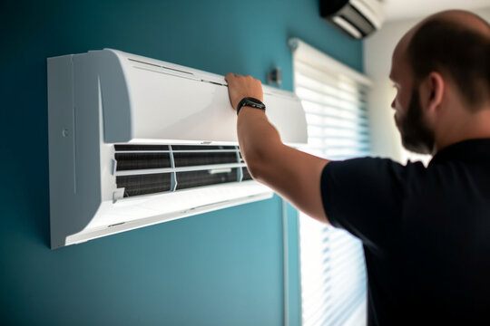 Closeup side view of a trained professional installing an indoor unit of a split AC system