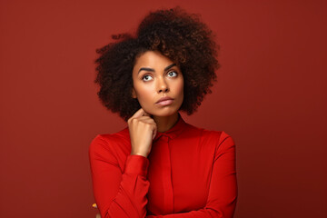 Confused, question and why black woman on studio red background, body language and facial gesture for risk decision, shrug and reaction, Uncertainty, unsure and frustrated model, doubt and confusion - obrazy, fototapety, plakaty