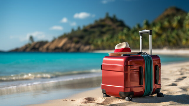 travel suitcase on the beach HD 8K wallpaper Stock Photographic Image