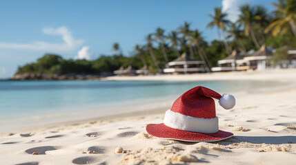 Fototapeta na wymiar christmas hat on the beach HD 8K wallpaper Stock Photographic Image