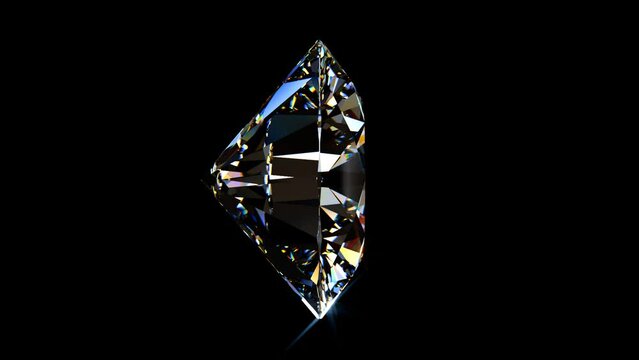 Round brilliant cut diamond rotating on black background. Seamless loop 3d animation.