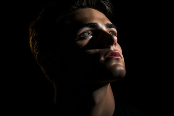 Dramatic portrait of a young man half expressionless face in deep shadow looking up isolated on black background