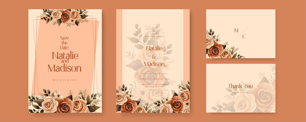 Beige and brown rustic rose vector wedding invitation card set template with flowers and leaves watercolor