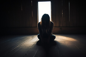 Dramatic, Silhouette of Sad Depressed woman sitting head in hands on the floor, Sad man, Cry, drama, lonely and unhappy concept - obrazy, fototapety, plakaty