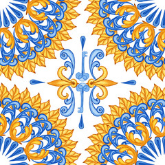 Majolica watercolor seamless pattern. Sicilian hand drawn ornament. Traditional blue and yellow ceramic tiles. Portuguese traditional azulejo pattern. Moroccan style..