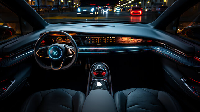 Futuristic electric car interior with illuminated dashboard and high-tech steering wheel, driving through city streets at night - Powered by Adobe