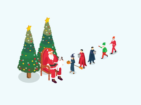 kids wearing costumes lining up in the mall waiting to take pictures with Santa Claus isometric 3d vector illustration concept for banner, website, landing page, flyer, greeting card, etc