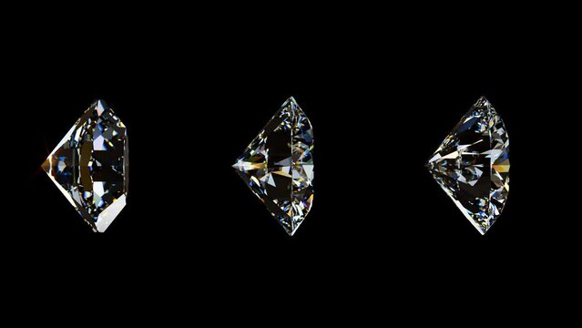 Round-shaped, variously cut diamonds rotating on black background. Comparison of 17, 57, 129 facet cut styles. Seamless loop 3d animation.