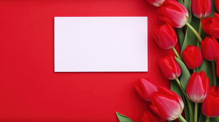 Top view on red background with tulips and white card