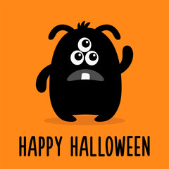 Happy Halloween. Monster black silhouette head face icon. Cute cartoon kawaii scary funny smiling baby character. Three eyes, tooth fang, ears, hands. Flat design. Orange background. Isolated.