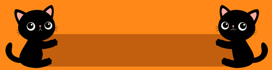 Cat set holding placard blank sign paper with paws. Web banner template. Two black kittens with big eyes. Cute cartoon funny baby character. Kawaii pet animal. Flat design. Orange background.