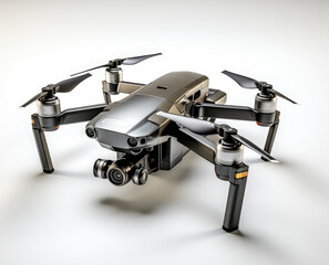 Grey high-tech quadcopter, drone with camera, lens and spotlight over white background