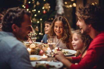 Family comes together, sharing love and joy during this festive Christmas celebration. Family having traditional Christmas dinner.