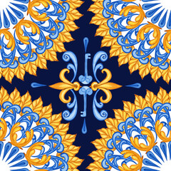 Majolica watercolor seamless pattern. Sicilian hand drawn ornament. Traditional blue and yellow ceramic tiles. Portuguese traditional azulejo pattern. Moroccan style..