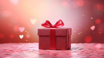 Red gift box on a pink background wuth heart shape bokeh