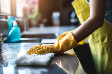 Hands of woman, gloves and washing dishes in kitchen, brush chores and house work, cleaner service and home care, Cleaning, soap and water, housekeeper working in apartment with dirt and foam at sink - obrazy, fototapety, plakaty
