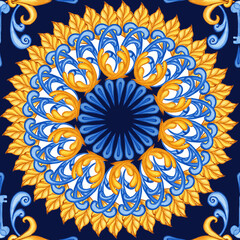 Majolica watercolor seamless pattern. Sicilian hand drawn ornament. Traditional blue and yellow ceramic tiles. Portuguese traditional azulejo pattern. Moroccan style..