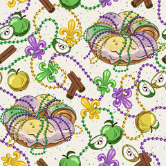 Seamless Mardi Gras pattern with traditional king cake, cinnamon, apples, string of beads, Fleur de Lis sign. Festive holiday design. Vintage illustration for prints, clothing, surface design. Not AI