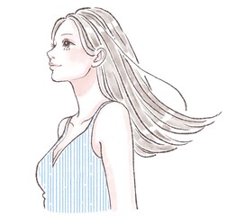 美髪/美肌/キューティクル/ヘアケア/ロングヘア/髪をなびかせる女性のイラスト素材