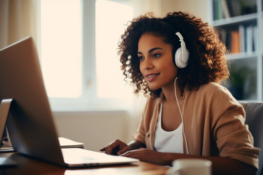 Happy African American female student having video call while e-learning at home