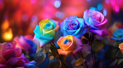 Fototapeta na wymiar Rainbow roses petals on a colorful bokeh background.