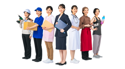 様々な職業に扮装した同一人物のグループ　転職　進路　専門学校　切り抜き背景透過PNG（1人ずつのPNG画像も販売しております。作成者リンクから「PNG」で検索してください）