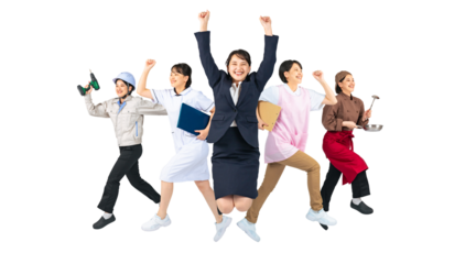 ジャンプする様々な職業に扮装した同一人物のグループ　転職　進路　専門学校　切り抜き背景透過PNG（1人ずつのPNG画像も販売しております。作成者リンクから「PNG」で検索してください）